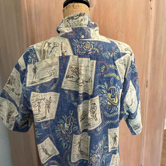 Reyn Spooner Shirt Vintage 80s Surf Hawaiian Reverse Print postcard blue popover - Picture 8 of 16
